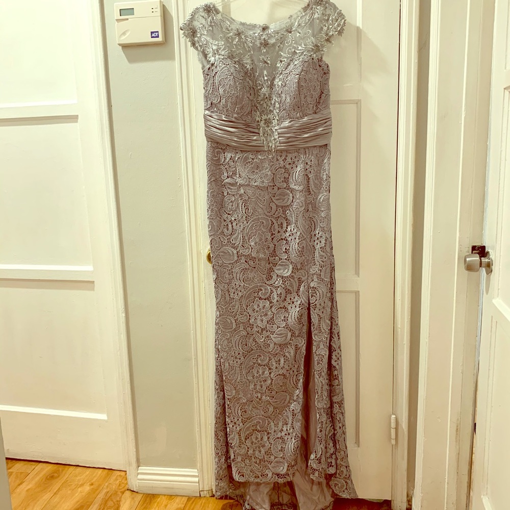 Silver Gray evening gown with small train. Size 14